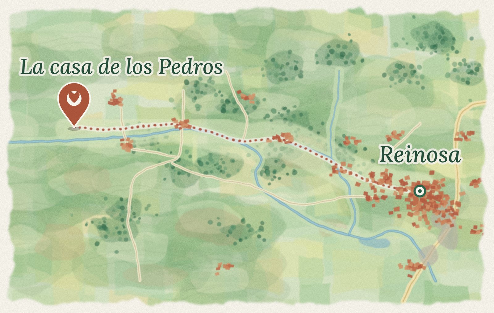 Ilustración en acuarela del recorrido por la carretera del valle, desde Reinosa hasta La casa de los Pedros